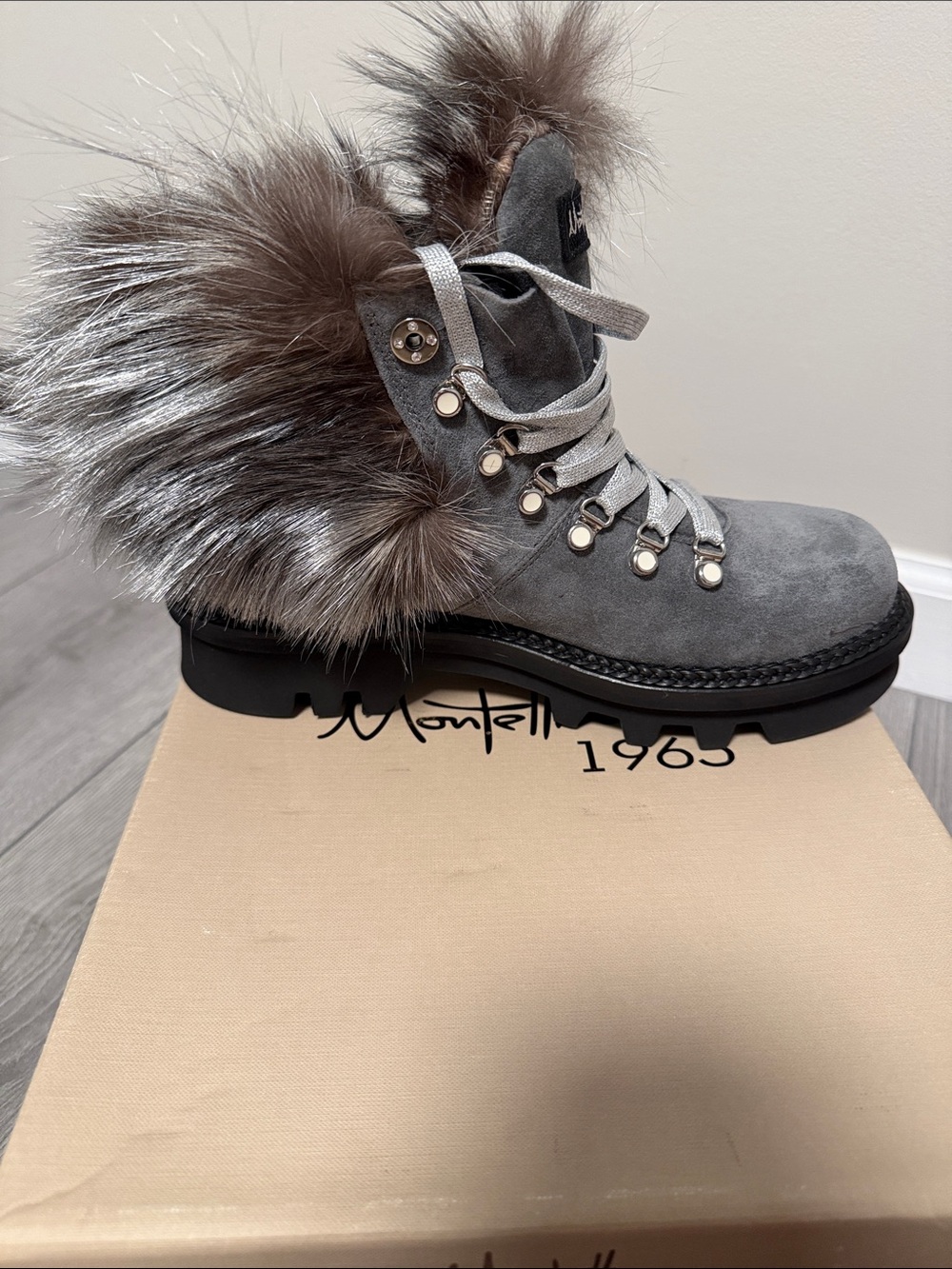Gray Suede Fur Trim Women's Ankle Boot - Picture 3 of 6